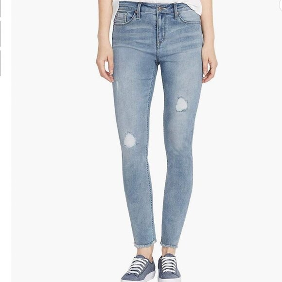 Buffalo David Bitton Denim - BUFFALO DAVID BITTON Rip & Repair Mid Rise Raw Hem Skinny Jeans in Light Blue